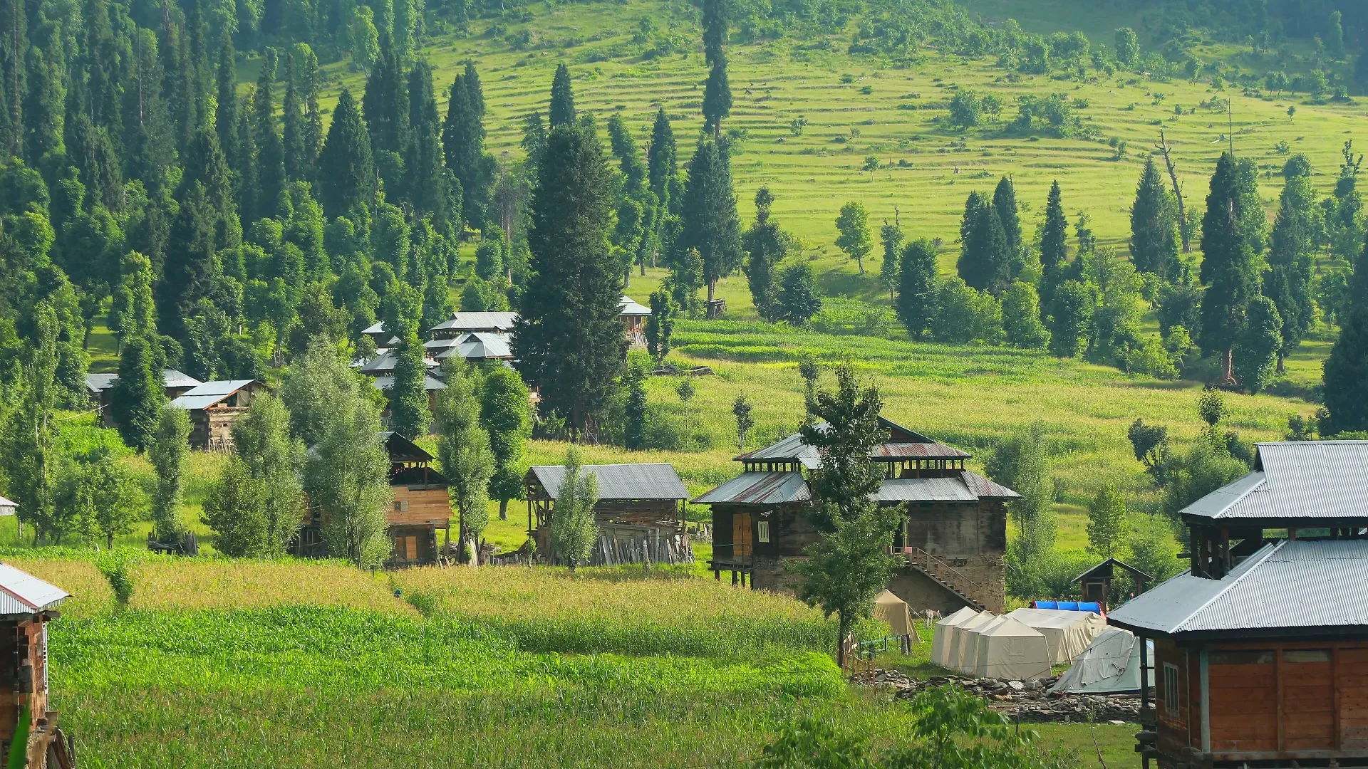 Wooden houses scattered across the meadows of Arang Kel