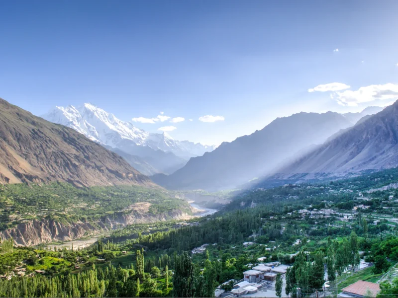 Hunza Valley with terraced villages and snow-covered peaks under a clear sky