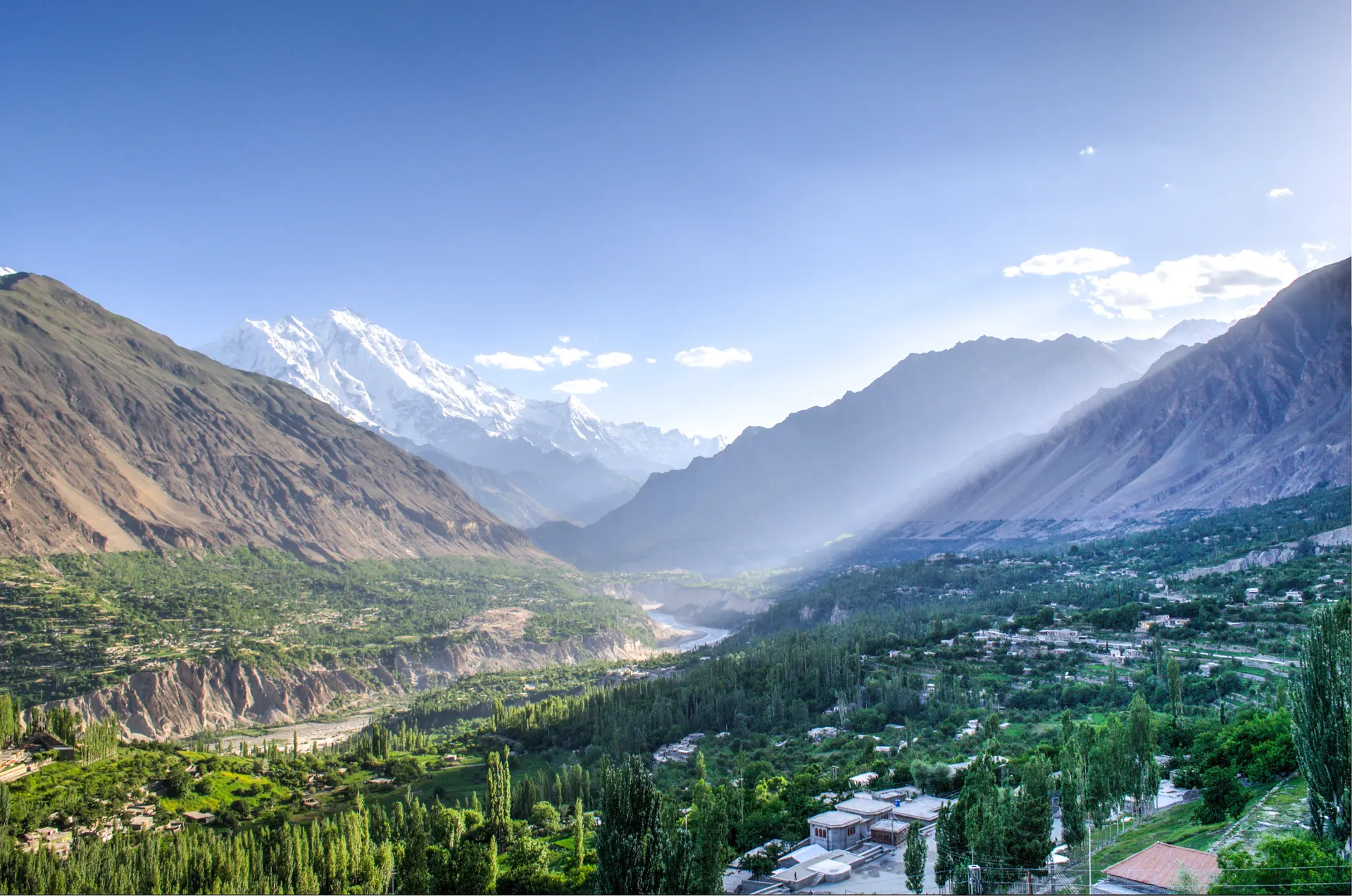 Hunza Valley with terraced villages and snow-covered peaks under a clear sky