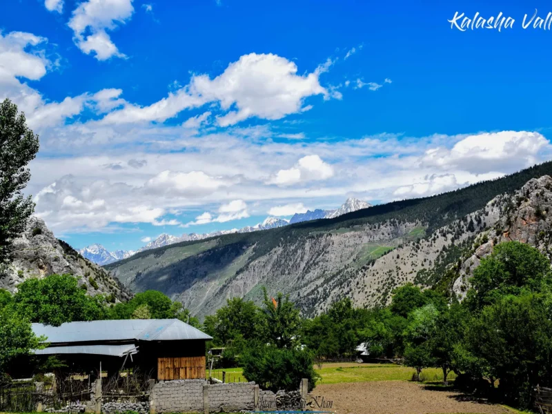 Bumburet in the Kalasha valleys with wooden houses and walnut trees