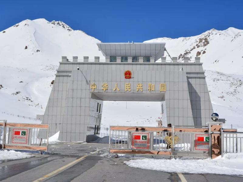 The Pakistan–China border gate at Khunjerab Pass in snow