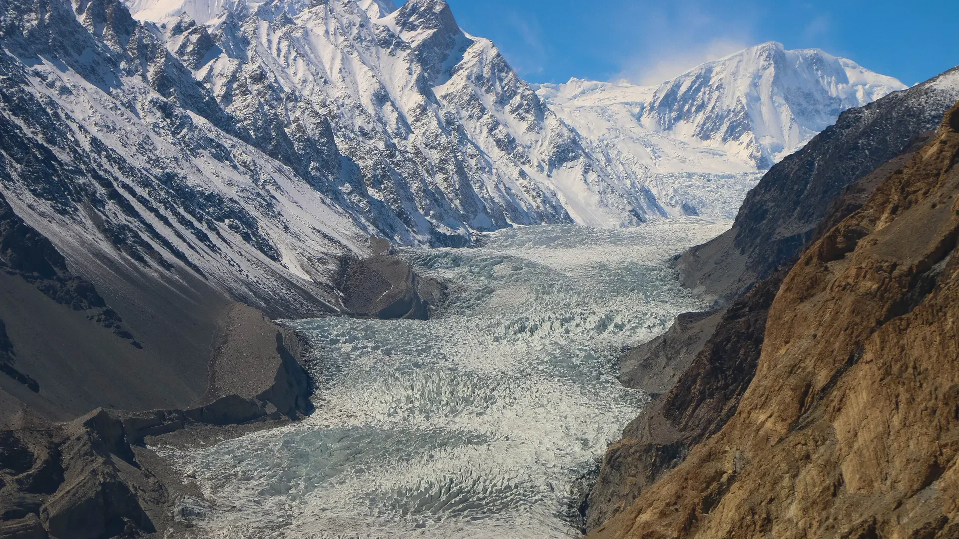 Passu Glacier flowing towards the Karakoram Highway