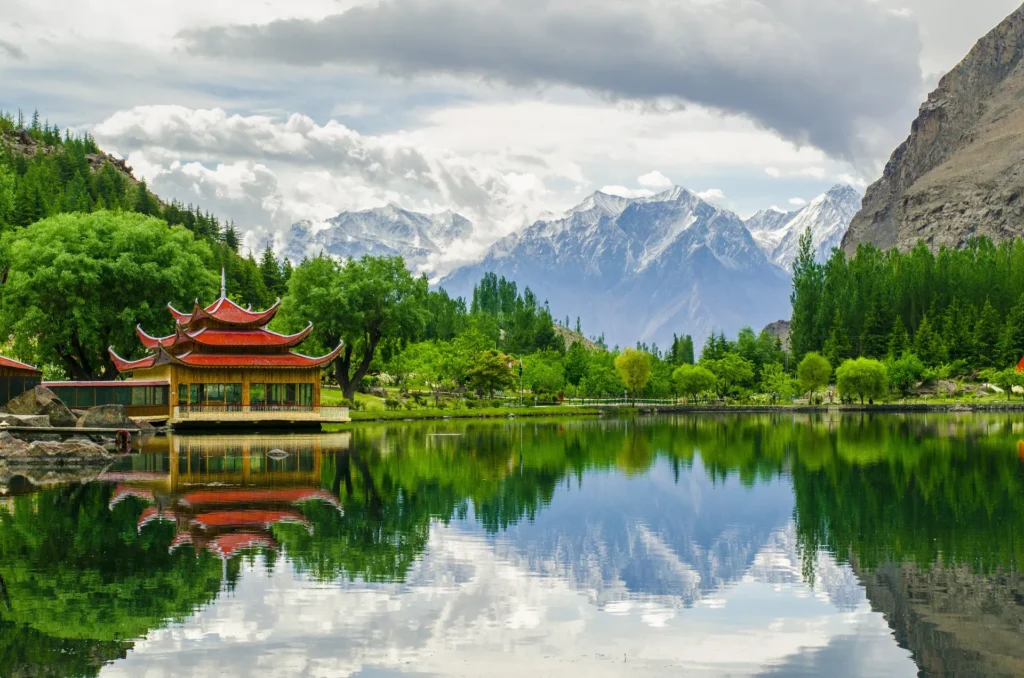 Shangrila resort pagoda reflected in Lower Kachura Lake, Skardu