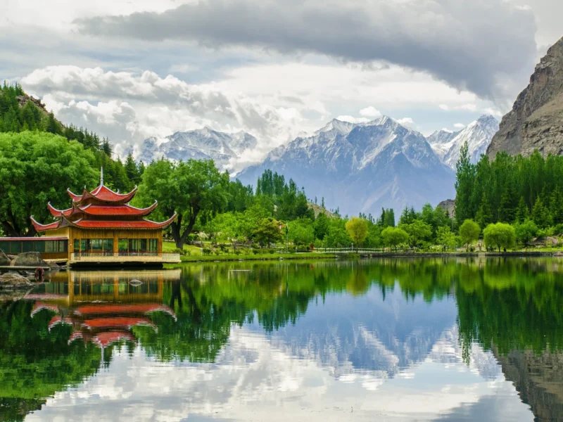 Shangrila resort pagoda reflected in Lower Kachura Lake, Skardu