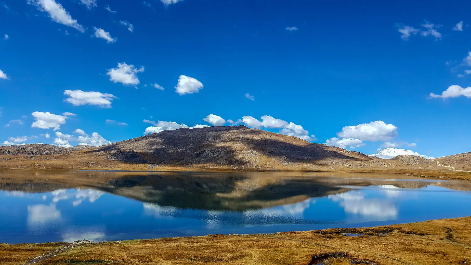 Sheosar Lake on the Deosai Plateau with mirror reflections