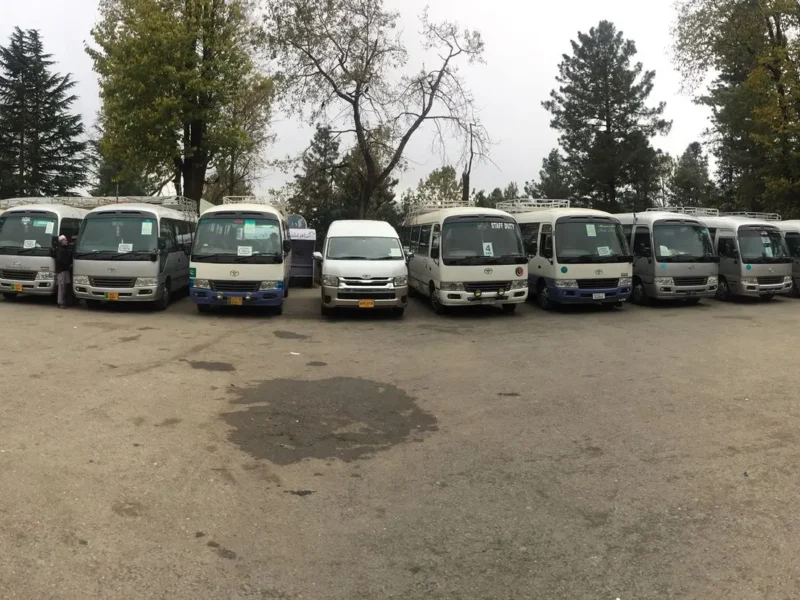 Line of tour coasters parked before departure
