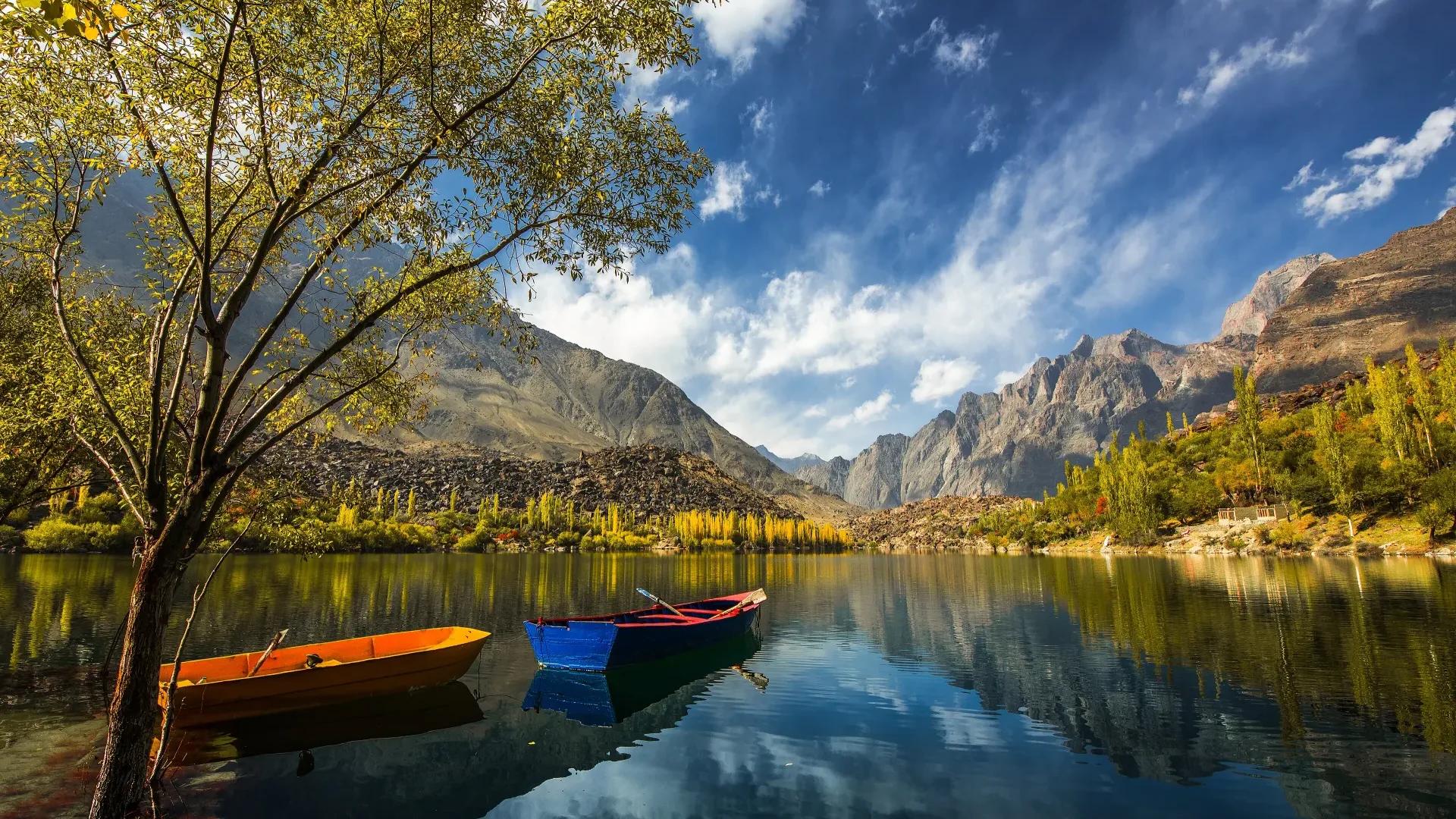Upper Kachura Lake near Skardu with boats and autumn trees